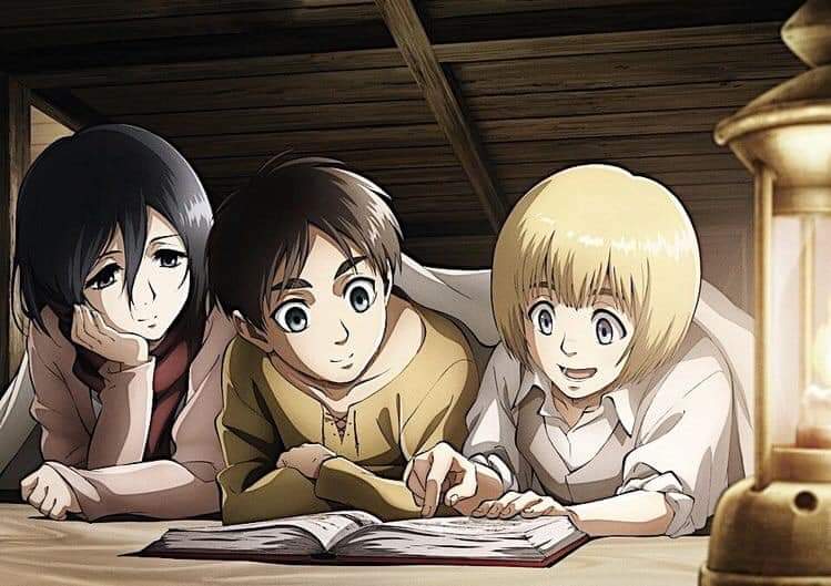 Mikasa, Eren, and Armin when they were young.