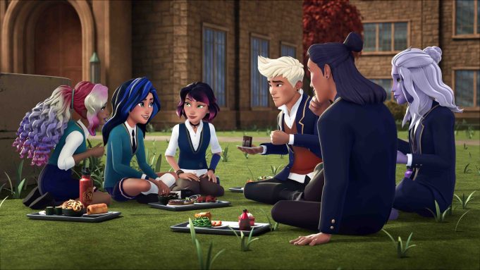 Jessa and her friends welcoming Mischa to Supernatural Academy
