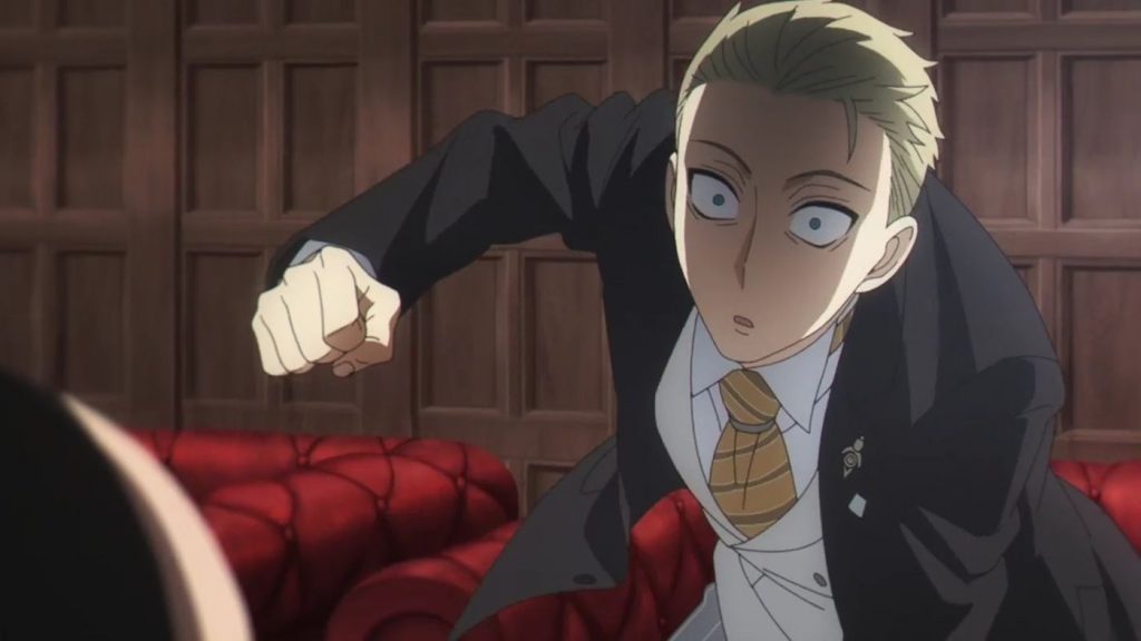 "Spy x Family" screenshot showing a very angry Loid about to put the beatdown on a mosquito...and a hardwood table.