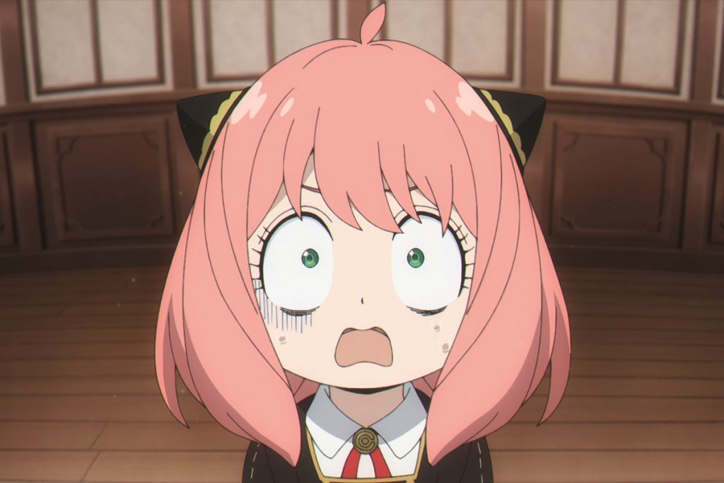 "Spy x Family" screenshot showing Anya's shocked face.